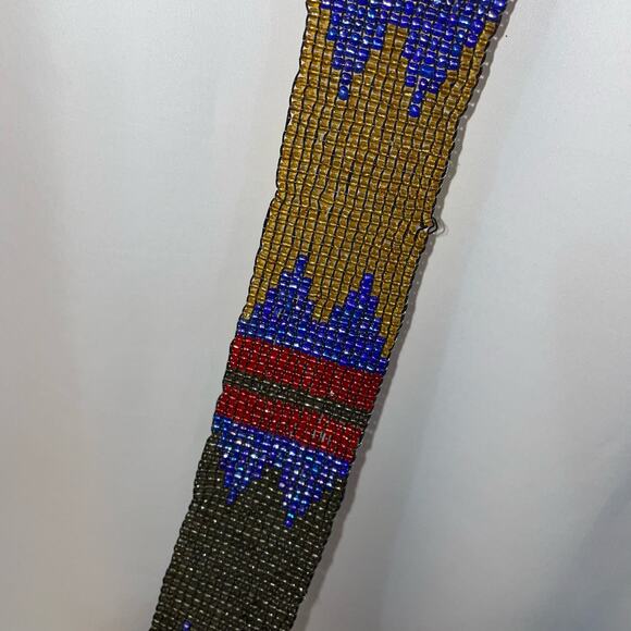 Beaded Belt Blue Yellow Red Handmade Wooden Buckle Vintage VTG Tribal - Picture 7 of 8